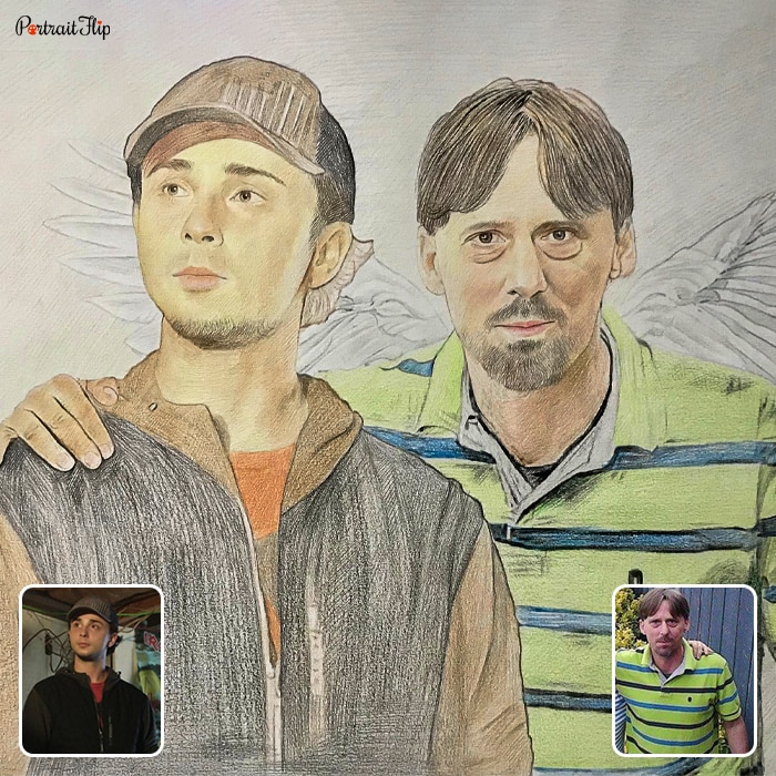 Colored pencil painting of two men placed next to each other