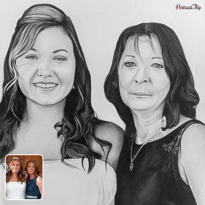Pencil painting where two women are standing next to each other