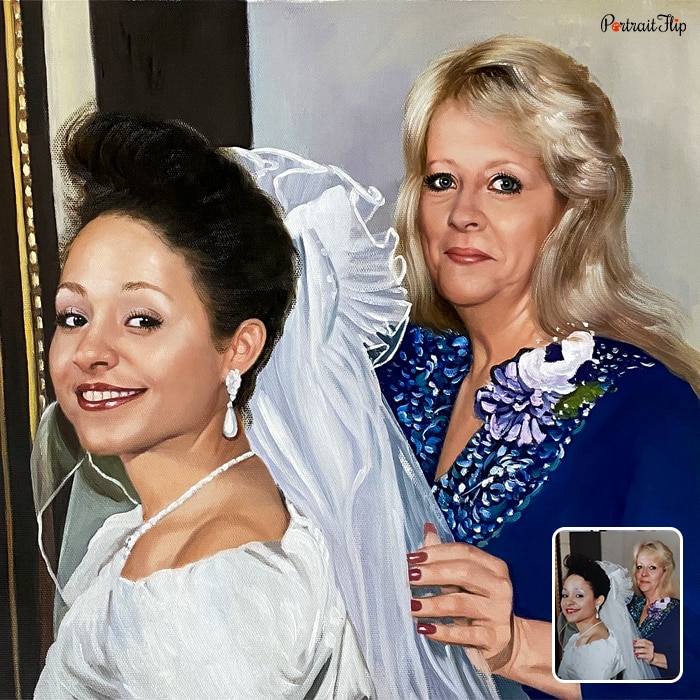 Oil painting where a bride is standing with a woman behind her