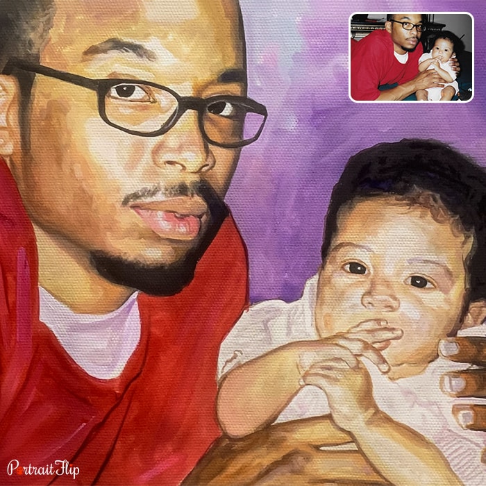 Watercolor painting where a man is holding a baby in his arm