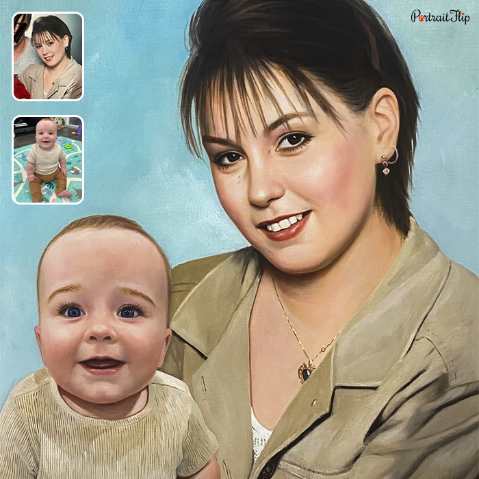 Acrylic painting of a woman holding a newborn baby in her arms