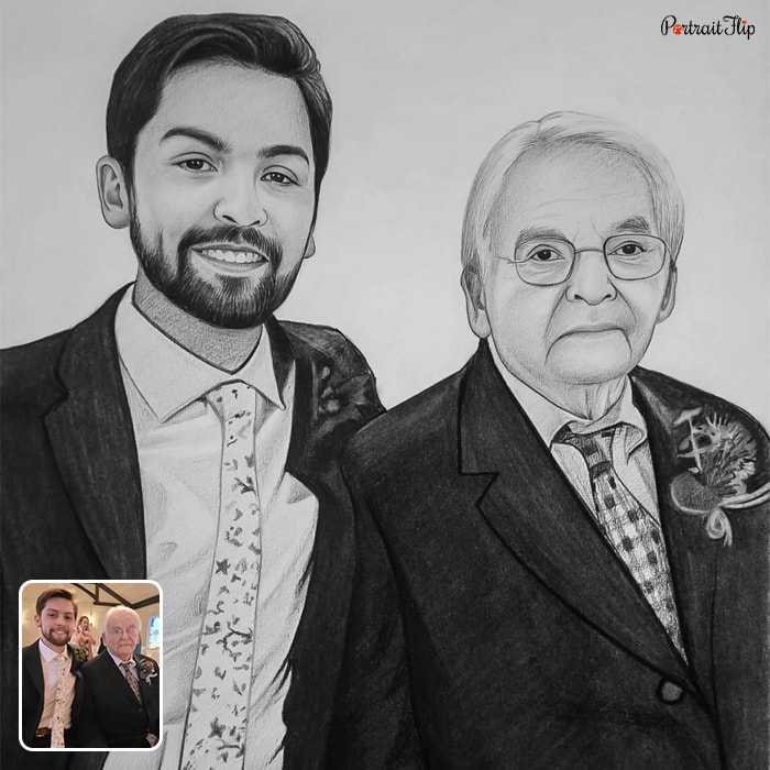 Charcoal painting of a man and an old man standing next to each other