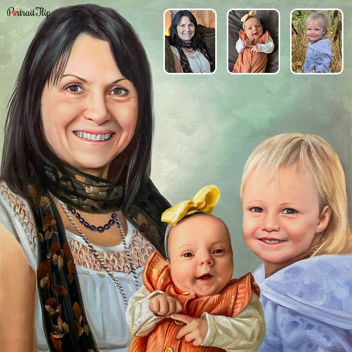 Compilation painting where a woman is placed with a newborn baby and a young girl
