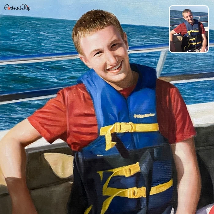 Picture of a boy who is wearing a Life Jacket in a background of sea