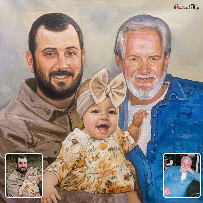Picture of two men with a baby in the arms of the younger man, which is converted into pastel paintings