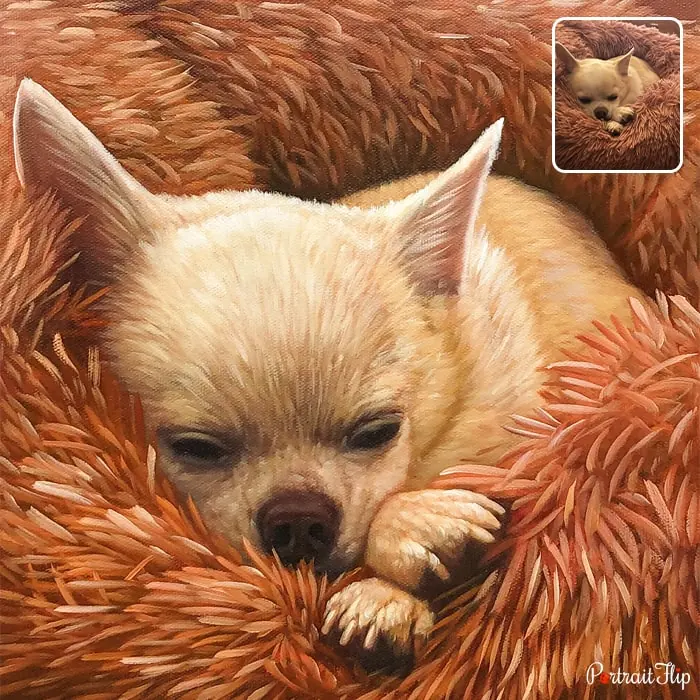 Pastel paintings of a dog snuggling in a fur cloth