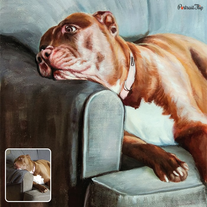 Picture of a pitbull dog lying on couch with his face resting on one of the hand rests that is converted into pastel paintings