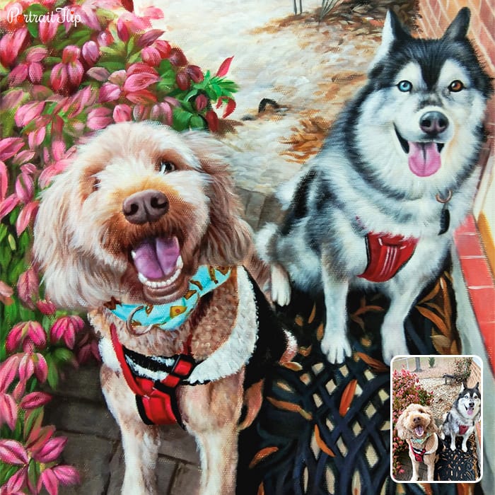 Picture of two dogs standing next to each other that has been converted into pastel paintings