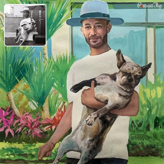 Picture of a man holding dog in his left arm while standing in a background garden area which is converted into paste paintings