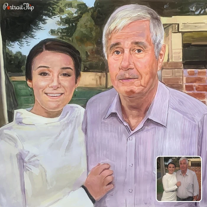 Pastel paintings of a woman standing next to an old man with her arms around his waist