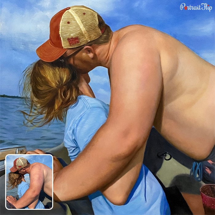 Pastel paintings of a couple where the man is kissing the woman’s cheeks