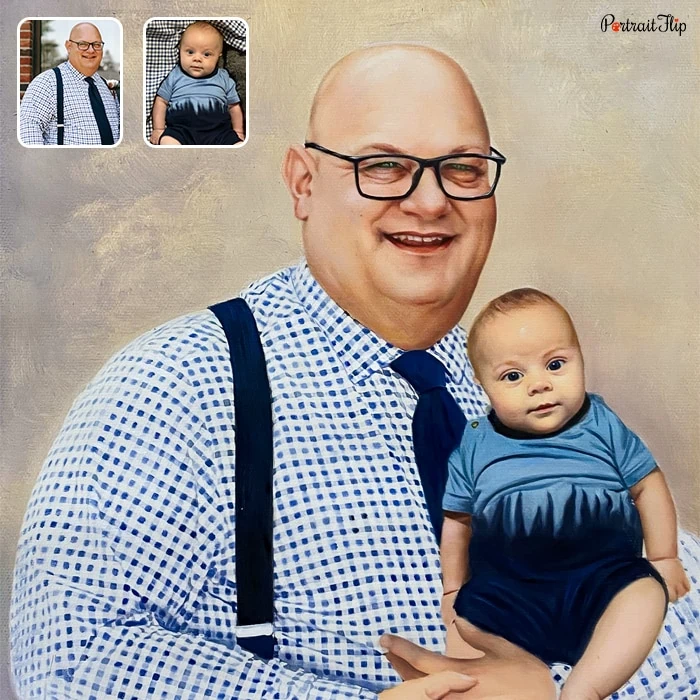 Compilation of two pictures where a bald man is holding a baby in his arms, which is converted into pastel paintings