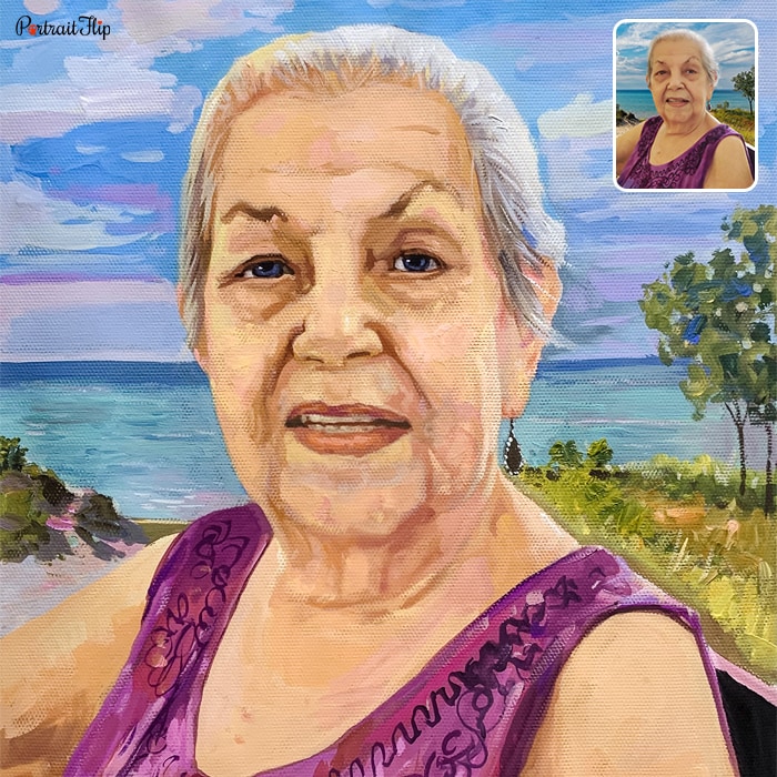 Picture of an old man in a background of lake view which is converted into pastel paintings