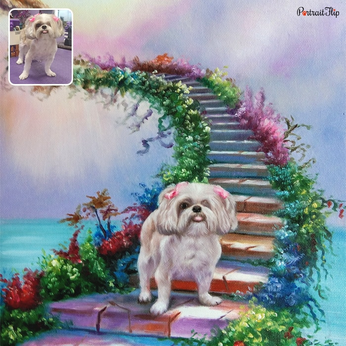 Pet memorial portrait where a dog is shown standing on stairs, which is surrounded by colorful flowers and background