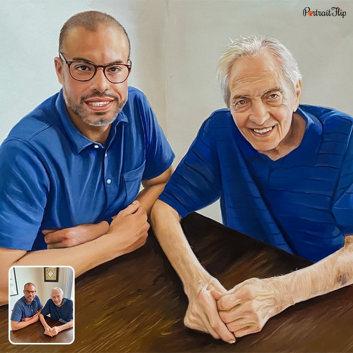 Acrylic painting of a man sitting beside an old man