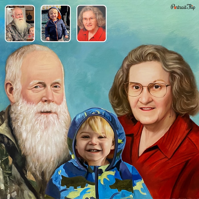 Compilation picture where a baby boy is placed between an old man and woman