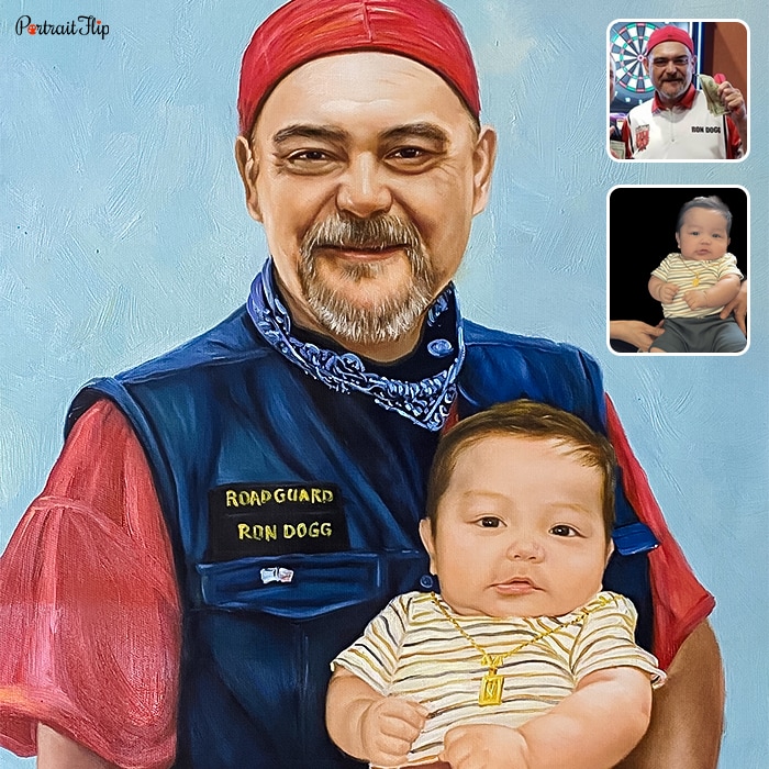 Retirement Paintings where a baby is placed in the arms of a man