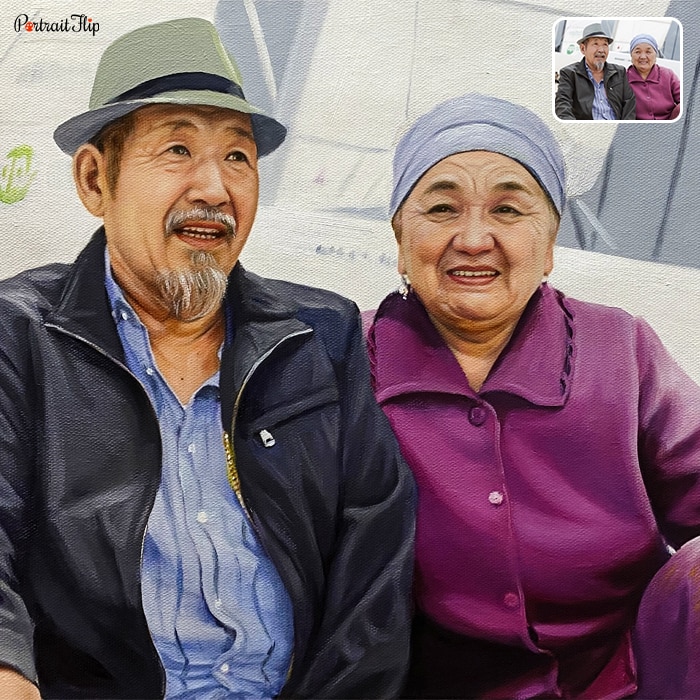 Retirement Paintings of an old couple sitting next to each other