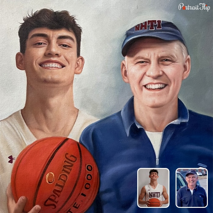 Retirement Paintings where an old man is standing beside a man holding a basketball