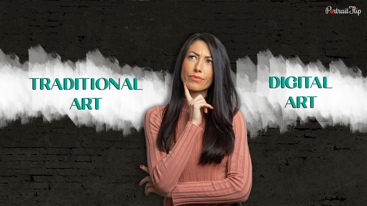 A woman with a thinking face with traditional art and digital art on either sides of her.