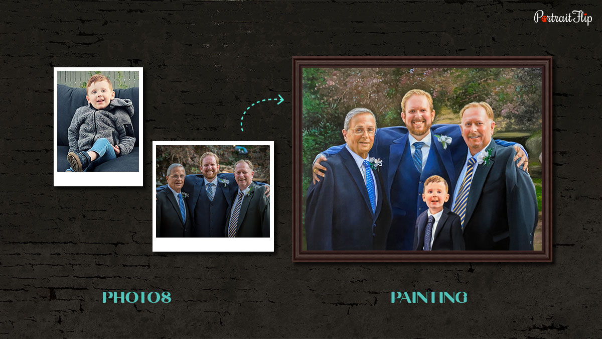 An example of a compilation portrait, where a child's portrait is added with three other men using traditional art.