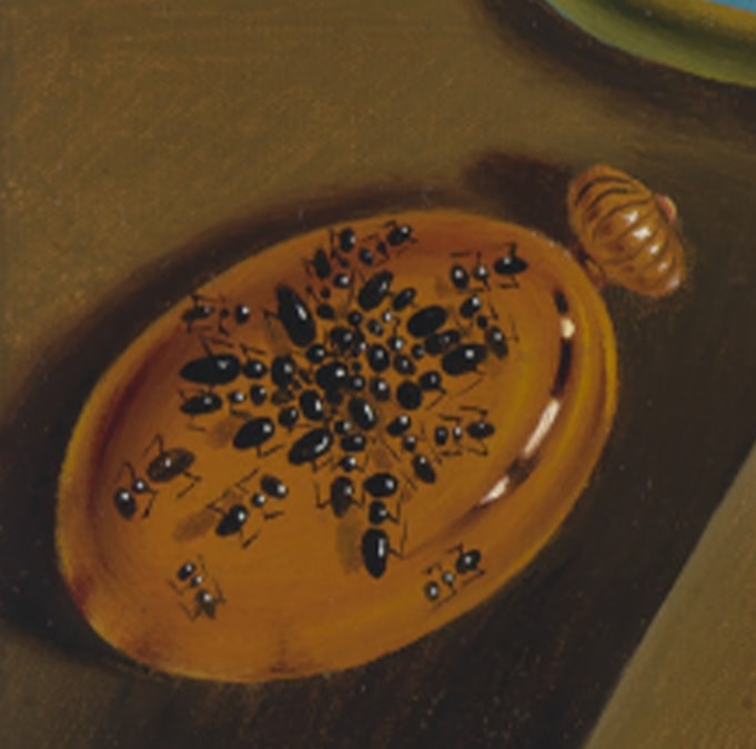 Ants on orange metal from the melting clock painting