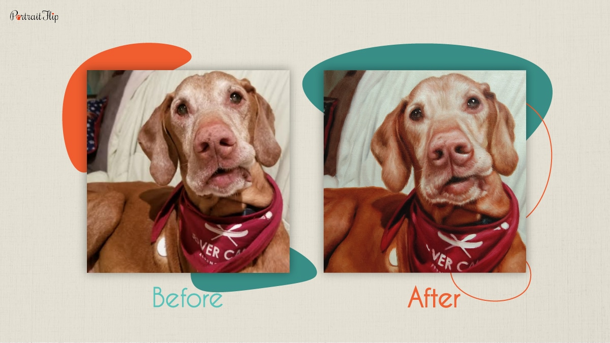 A before and after representation of a dog's photo that is oil painted.