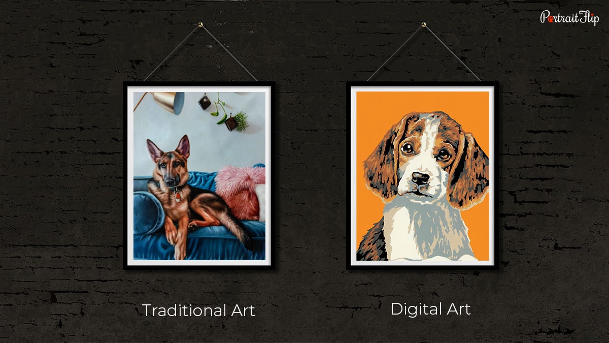 Two dog portraits, where one is made of traditional art and the other is made of digital art.