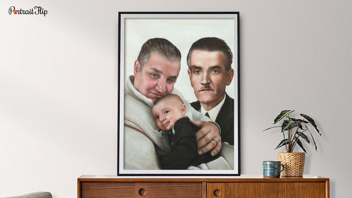 Picture of two old men with a baby boy in one of the man's hand which shows what to do with old photos