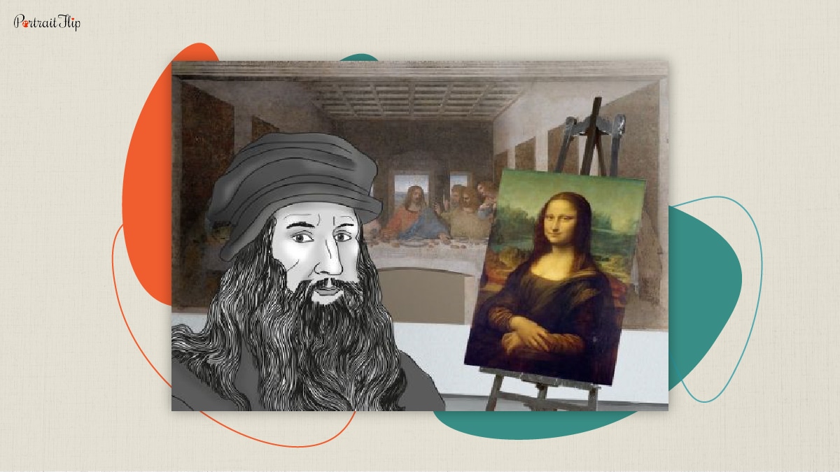 Leonardo D Vinci's image along side his famous portrait, 'Mona Lisa'.