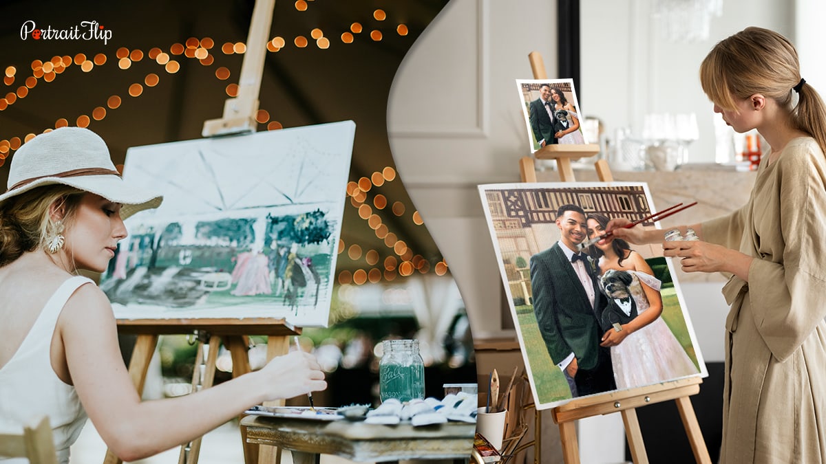 Two options showing live and custom wedding portrait painter