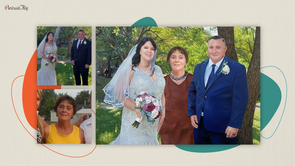 An example of how two photos are emerged together to create a customized portrait painting.