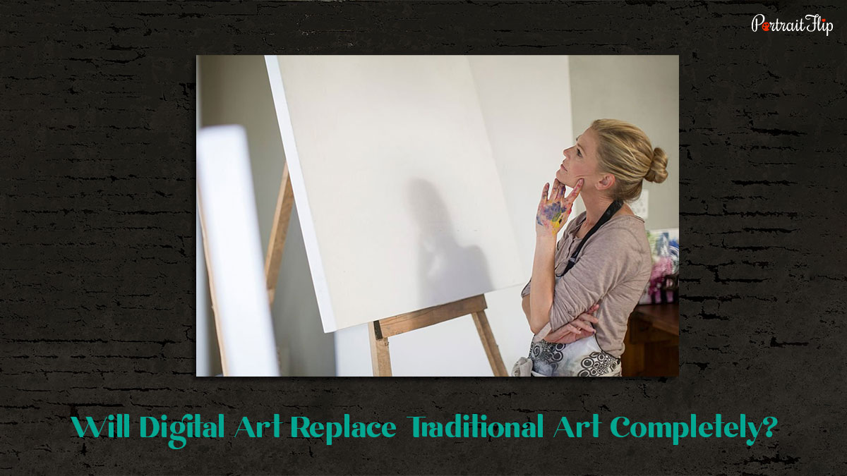 A confused woman artist staring at a blank canvas.