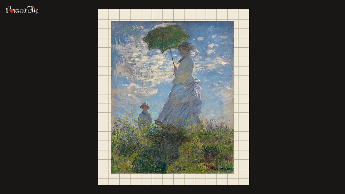 A swirling woman in a garden being featured in Woman with a Parasol, an impressionist painting