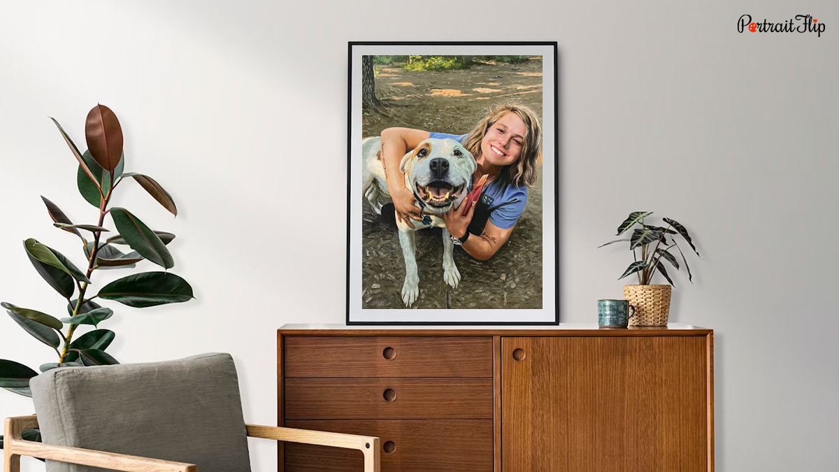 a painting by portraitflip featuring a girl petting her dog 