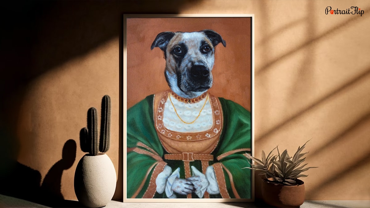 a painting featuring a dog dressed in royal clothing lay on the wall