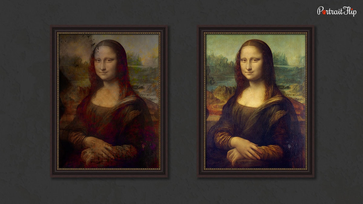 Mona Lisa before and after removing the mold and dirt 