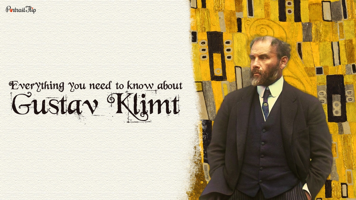 An image of Gustav Klimt with his art in the background
