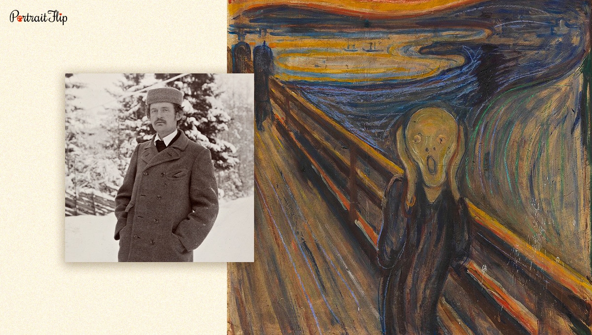 A portrait of Edvard Munch with his famous artwork "The Scream". 