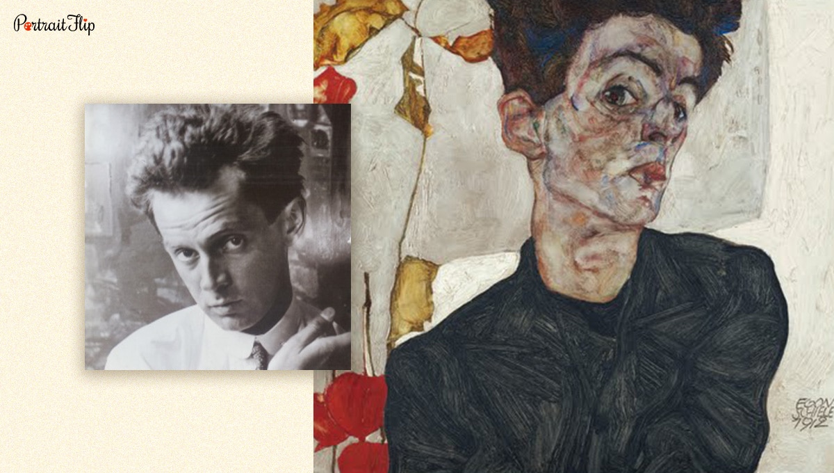 Photograph of Egon Schiele next to his self-portrait. 