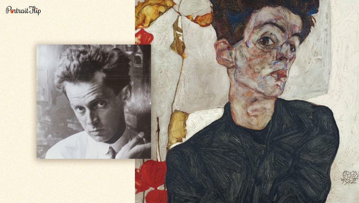 Photograph of Egon Schiele next to his self-portrait.
