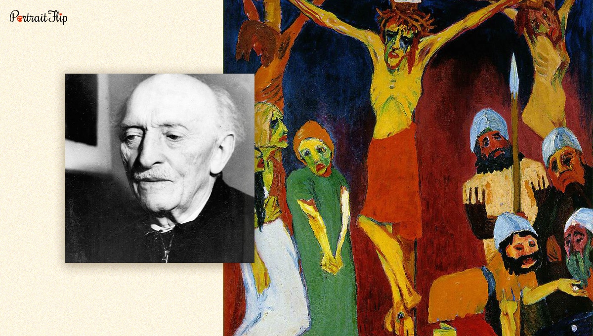 Emil Nolde's photograph besides his artwork "Crucifixion".
