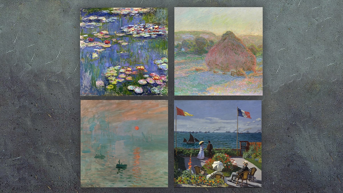 A collage of all the famous paintings by Claude Monet