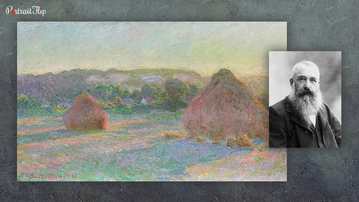 A collage of the haystacks and Claude Monet's face. 