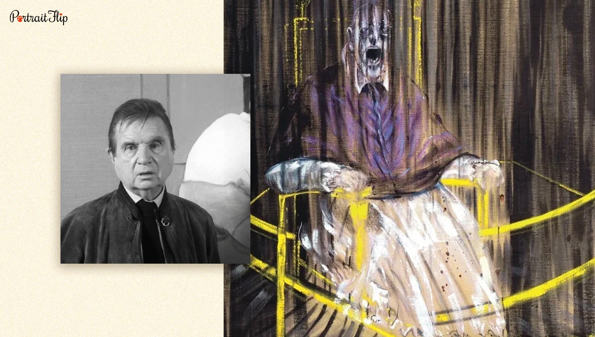 Francis Bacon's expressionist painting next to his photograph. 