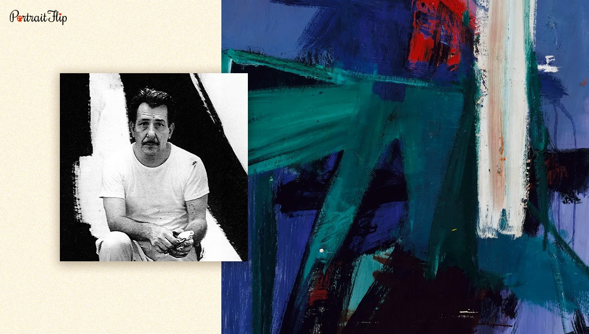 Franz Kline's abstract painting next to his photograph. 