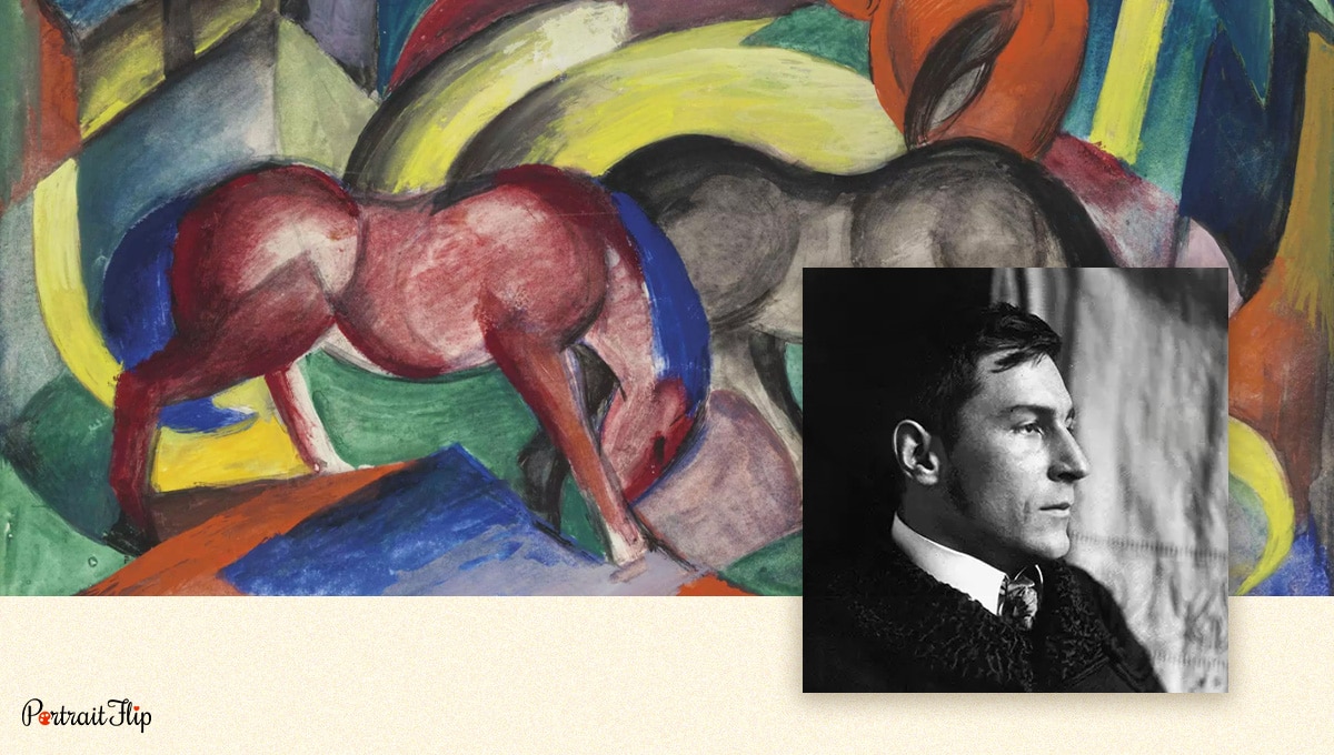 Photograph of Franz Marc alongside his painting. 
