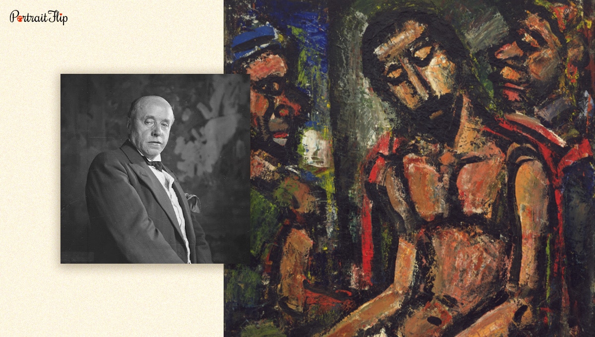 Expressionist artist Georges Rouault photograph next to his artwork.