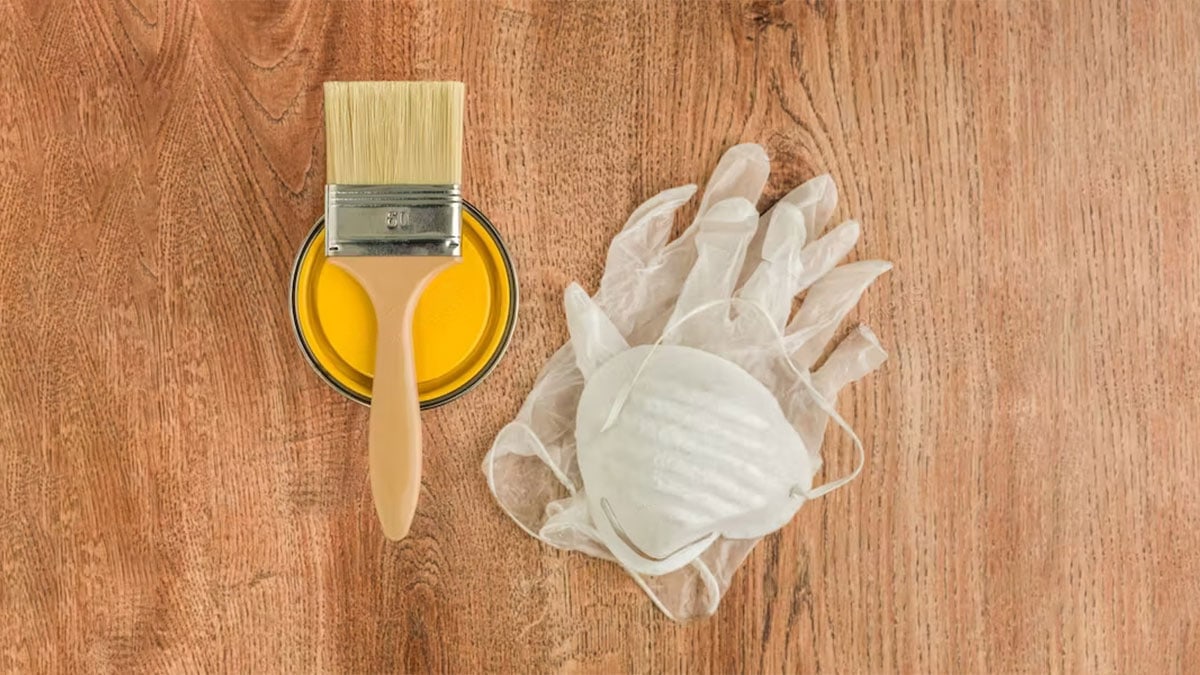 a brush and a pair of protective gloves