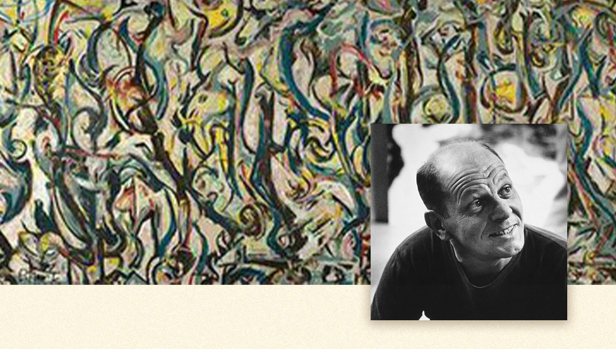 Abstract expressionist artist Jackson Pollock's photograph with his painting in the background. 